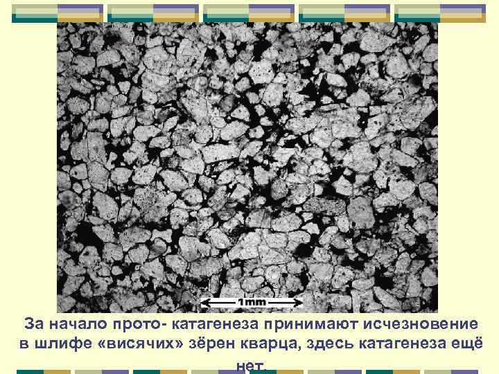 За начало прото- катагенеза принимают исчезновение в шлифе «висячих» зёрен кварца, здесь катагенеза ещё