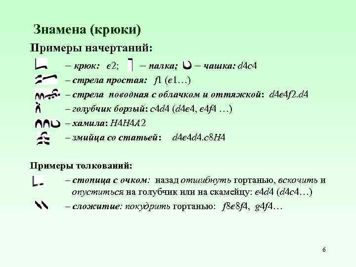 Знамена (крюки) Примеры начертаний: – крюк: e 2; – палка; – чашка: d 4