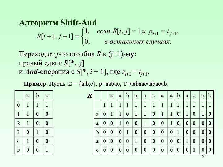 Алгоритм Shift-And Переход от j-го столбца R к (j+1)-му: правый сдвиг R[*, j] и