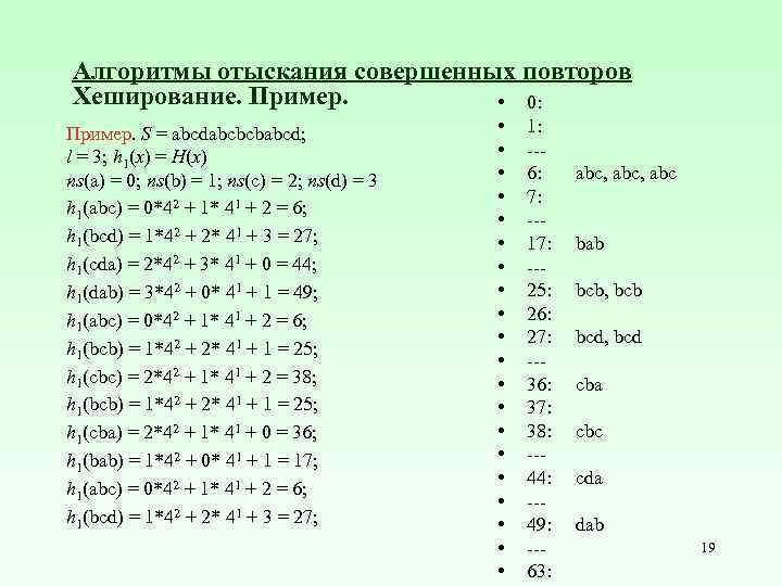 Алгоритмы отыскания совершенных повторов Хеширование. Пример. • 0: Пример. S = abcdabcbcbabcd; l =