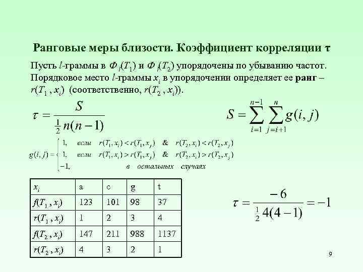 Ранговые меры близости. Коэффициент корреляции τ Пусть l-граммы в l(T 1) и l(T 2)