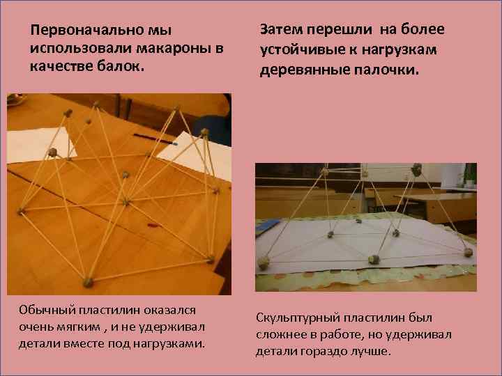 Первоначально мы использовали макароны в качестве балок. Обычный пластилин оказался очень мягким , и