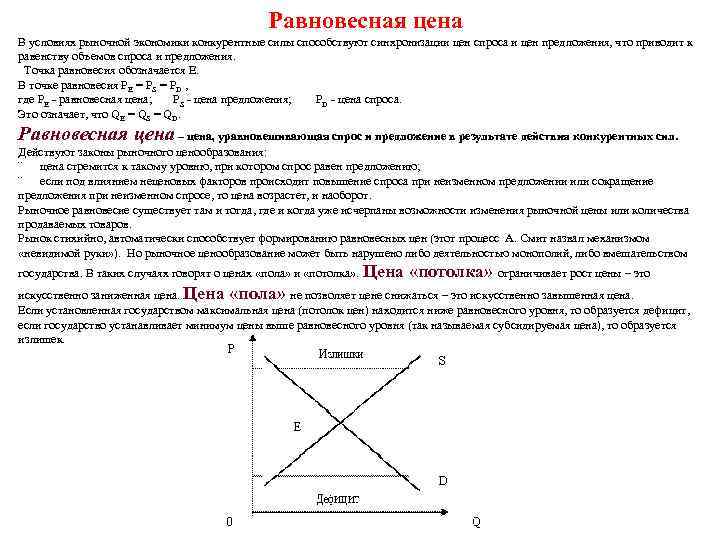 Равновесная цена В условиях рыночной экономики конкурентные силы способствуют синхронизации цен спроса и цен