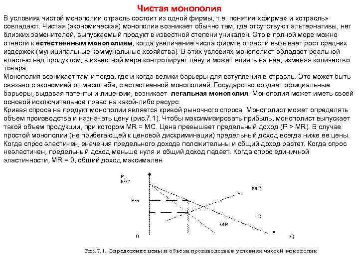 Чистая монополия В условиях чистой монополии отрасль состоит из одной фирмы, т. е. понятия