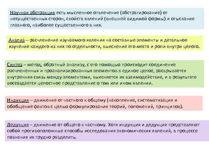 Научная абстракция есть мысленное отвлечение (абстрагирование) от несущественных сторон, свойств явлений (внешней видимой формы)