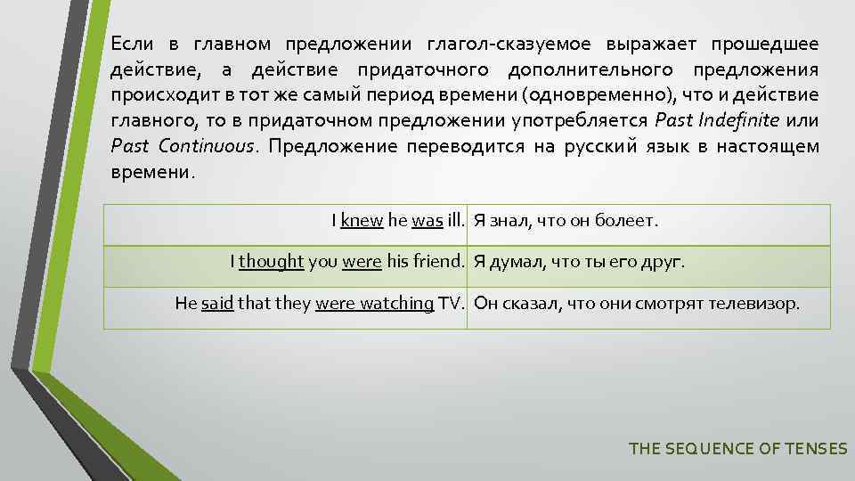 Если в главном предложении глагол-сказуемое выражает прошедшее действие, а действие придаточного дополнительного предложения происходит