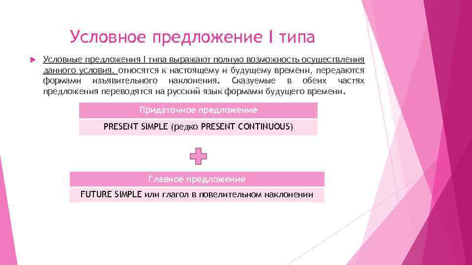 Условное предложение I типа Условные предложения I типа выражают полную возможность осуществления данного условия,