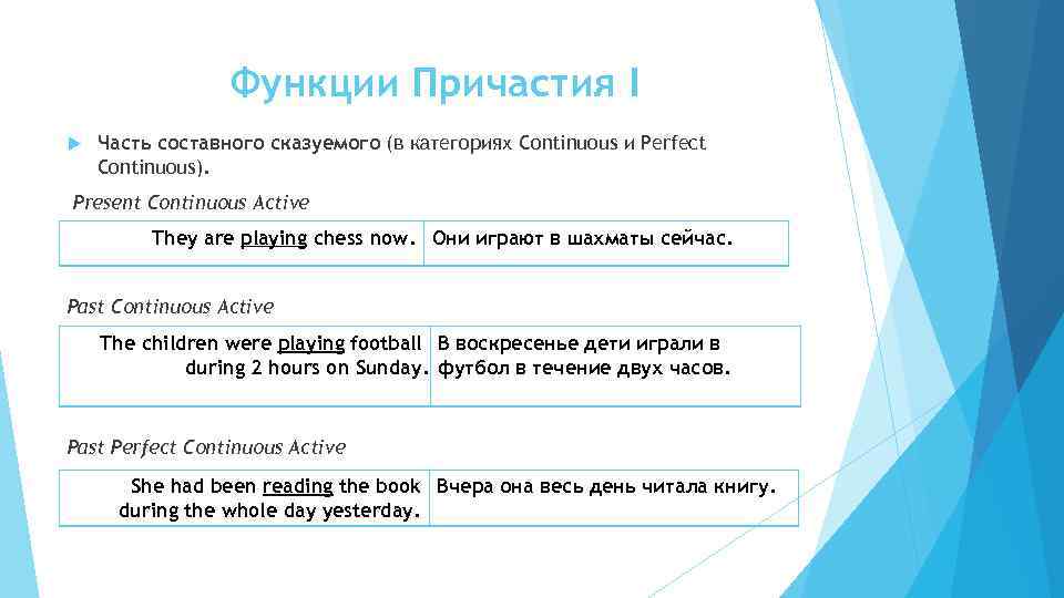 Функции Причастия I Часть составного сказуемого (в категориях Continuous и Perfect Continuous). Present Continuous