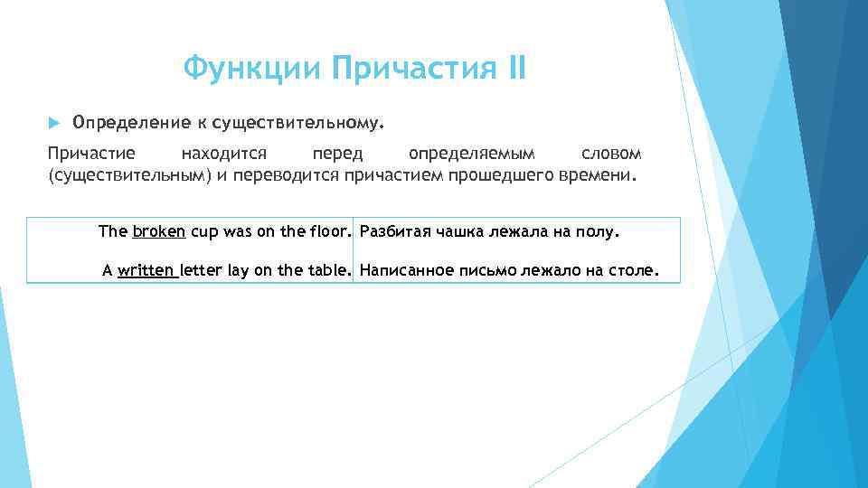Функции Причастия II Определение к существительному. Причастие находится перед определяемым словом (существительным) и переводится