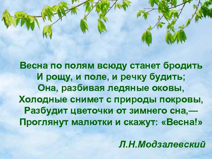 Весна по полям всюду станет бродить И рощу, и поле, и речку будить; Она,