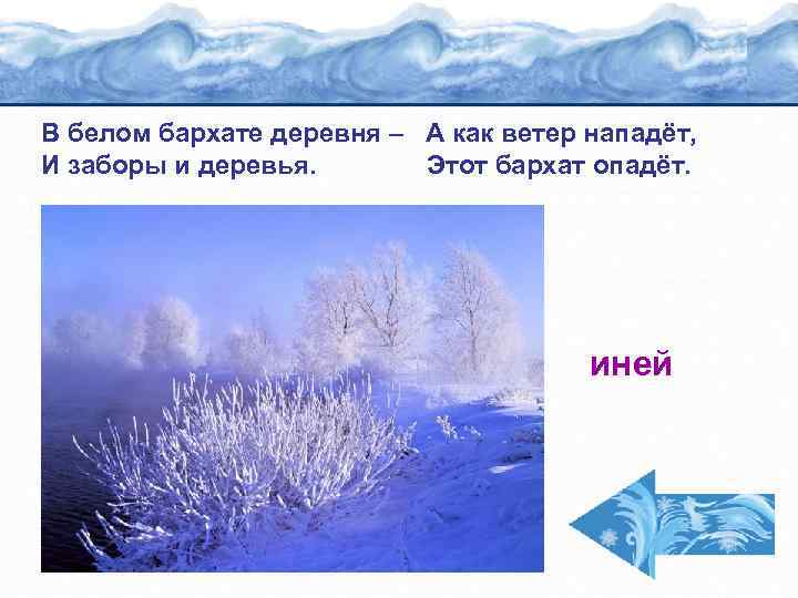 В белом бархате деревня – А как ветер нападёт, И заборы и деревья. Этот