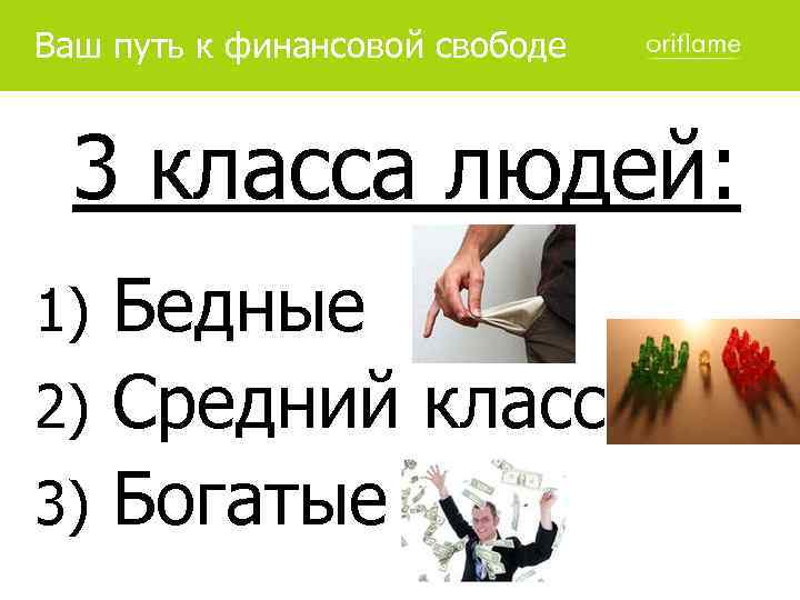 Ваш путь к финансовой свободе 3 класса людей: 1) Бедные 2) Средний класс 3)