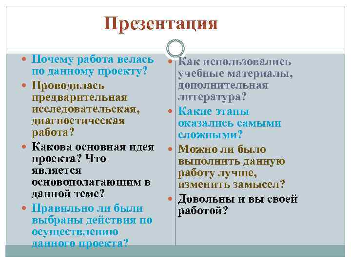 Презентация Почему работа велась Как использовались по данному проекту? учебные материалы, дополнительная Проводилась литература?