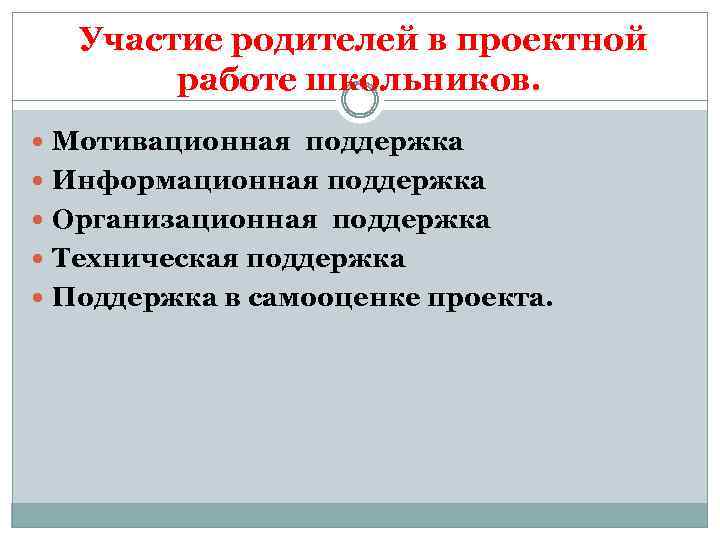 Участие родителей в проектной работе школьников. Мотивационная поддержка Информационная поддержка Организационная поддержка Техническая поддержка
