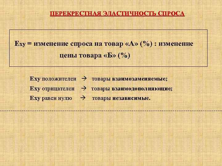 ПЕРЕКРЕСТНАЯ ЭЛАСТИЧНОСТЬ СПРОСА Еху = изменение спроса на товар «А» (%) : изменение цены