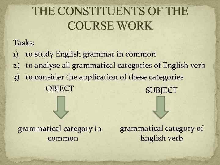 THE CONSTITUENTS OF THE COURSE WORK Tasks: 1) to study English grammar in common