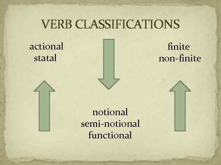 VERB CLASSIFICATIONS actional statal finitе non-finite notional semi-notional functional 