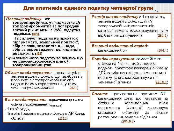 Для платників єдиного податку четвертої групи Платник податку: с/г товаровиробники, у яких частка с/г