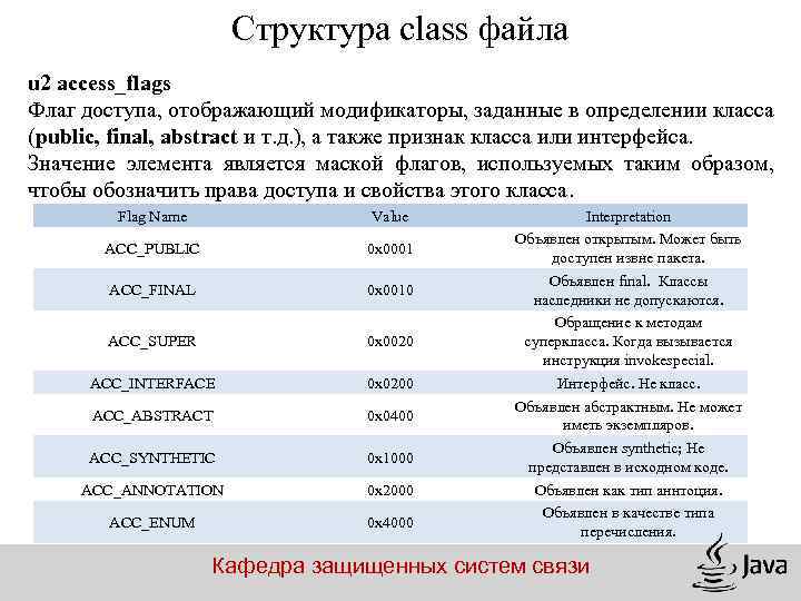 Структура class файла u 2 access_flags Флаг доступа, отображающий модификаторы, заданные в определении класса