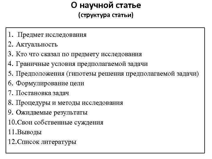 О научной статье (структура статьи) 1. Предмет исследования 2. Актуальность 3. Кто что сказал