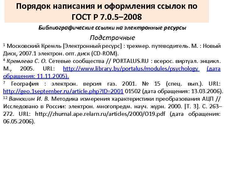 Порядок написания и оформления ссылок по ГОСТ Р 7. 0. 5– 2008 Библиографические ссылки