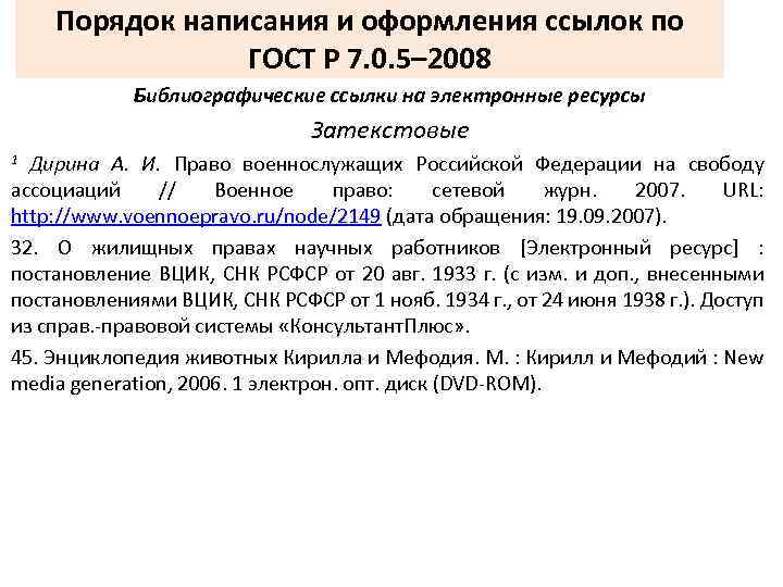 Порядок написания и оформления ссылок по ГОСТ Р 7. 0. 5– 2008 Библиографические ссылки