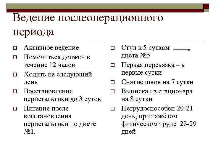 Ведение послеоперационного периода o o o Активное ведение Помочиться должен в течение 12 часов