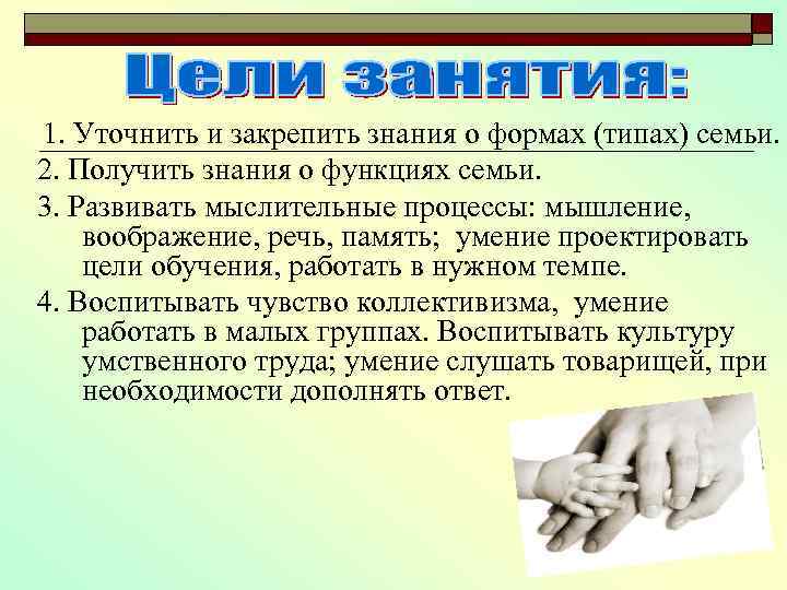 1. Уточнить и закрепить знания о формах (типах) семьи. 2. Получить знания о функциях