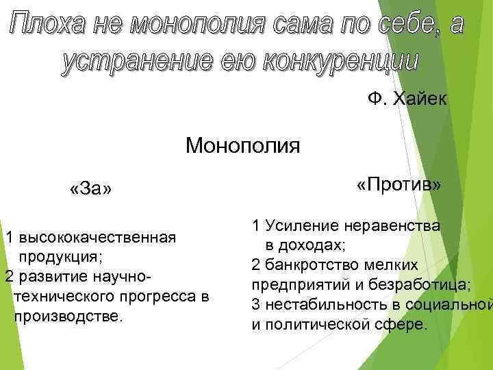 Ф. Хайек Монополия «За» 1 высококачественная продукция; 2 развитие научнотехнического прогресса в производстве. «Против»