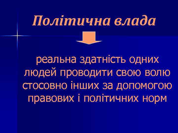 Політична влада реальна здатність одних людей проводити свою волю стосовно інших за допомогою правових