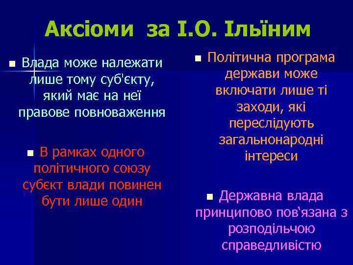 Аксіоми за І. О. Ільїним n Влада може належати лише тому суб'єкту, який має