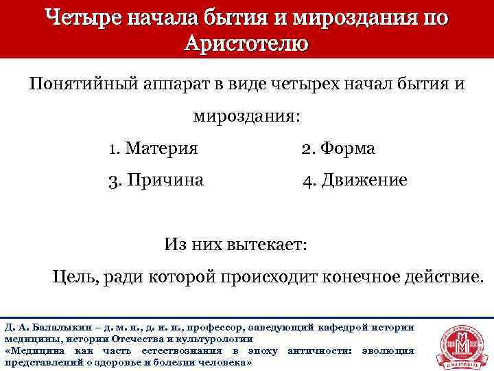 Четыре начала бытия и мироздания по Аристотелю Понятийный аппарат в виде четырех начал бытия