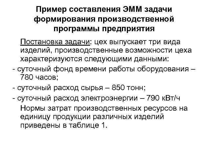 Пример составления ЭММ задачи формирования производственной программы предприятия Постановка задачи: цех выпускает три вида