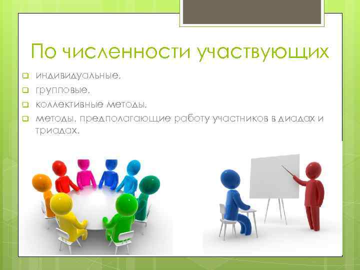 По численности участвующих q q индивидуальные, групповые, коллективные методы, предполагающие работу участников в диадах