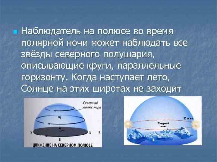 n Наблюдатель на полюсе во время полярной ночи может наблюдать все звёзды северного полушария,