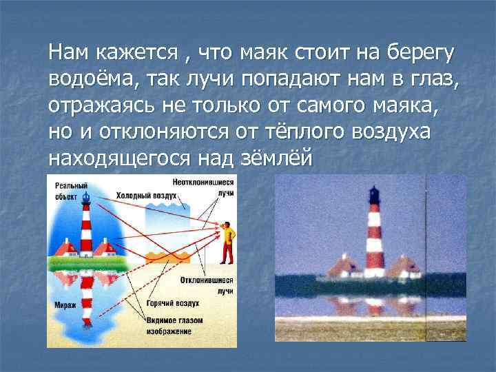 Нам кажется , что маяк стоит на берегу водоёма, так лучи попадают нам в