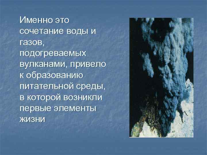 Именно это сочетание воды и газов, подогреваемых вулканами, привело к образованию питательной среды, в