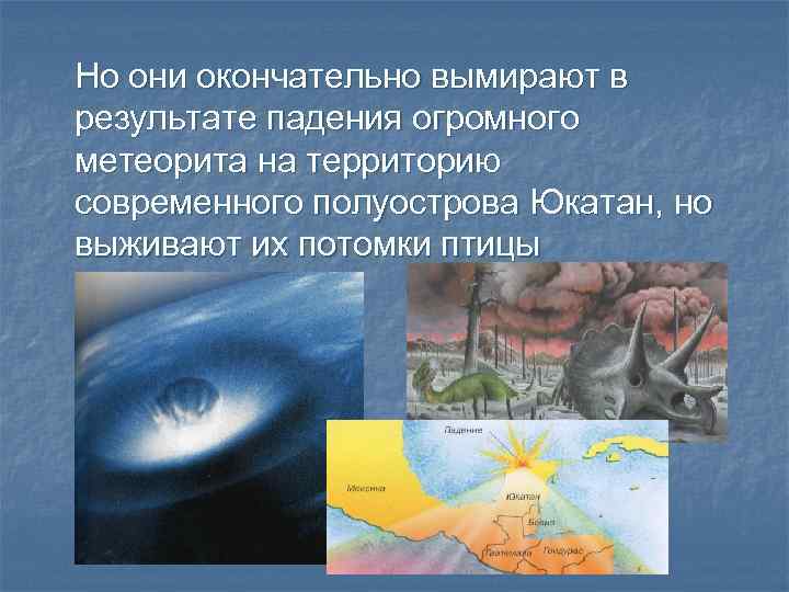 Но они окончательно вымирают в результате падения огромного метеорита на территорию современного полуострова Юкатан,