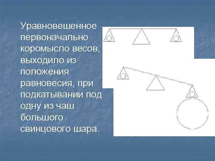 Уравновешенное первоначально коромысло весов, выходило из положения равновесия, при подкатывании под одну из чаш