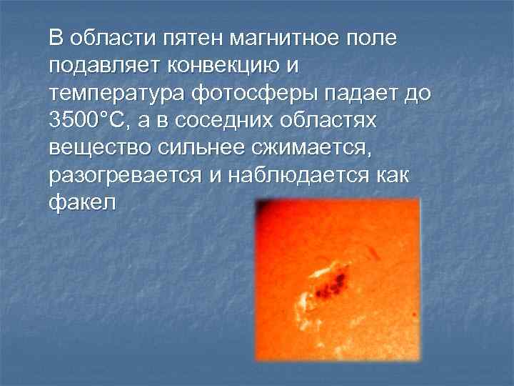 В области пятен магнитное поле подавляет конвекцию и температура фотосферы падает до 3500°С, а