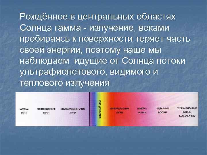 Рождённое в центральных областях Солнца гамма - излучение, веками пробираясь к поверхности теряет часть