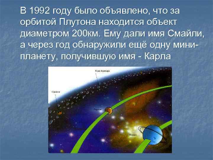 В 1992 году было объявлено, что за орбитой Плутона находится объект диаметром 200 км.