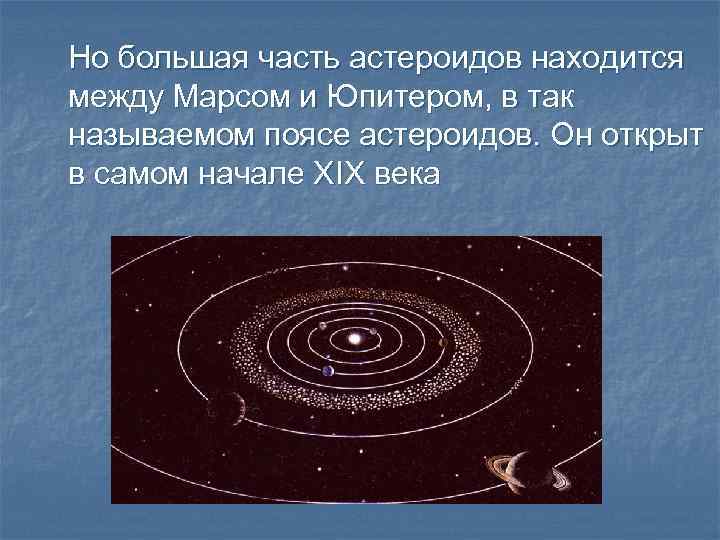 Но большая часть астероидов находится между Марсом и Юпитером, в так называемом поясе астероидов.