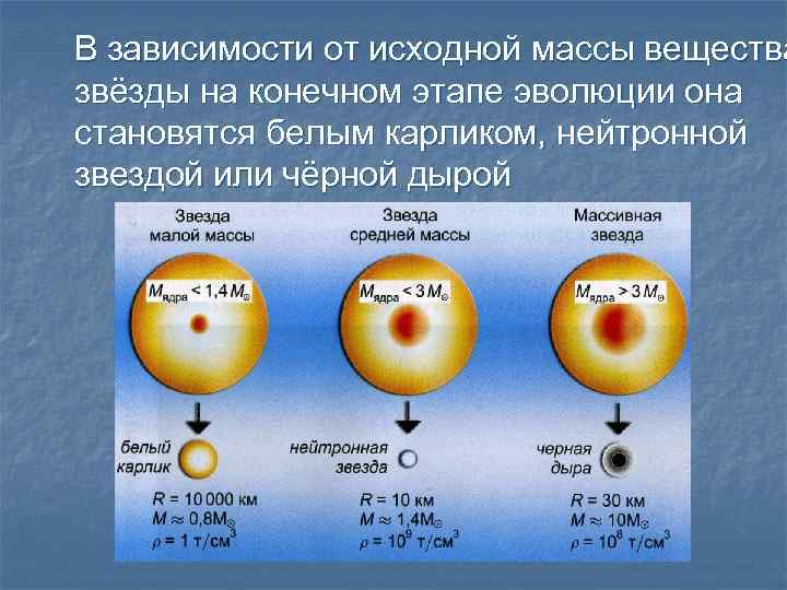 В зависимости от исходной массы вещества звёзды на конечном этапе эволюции она становятся белым