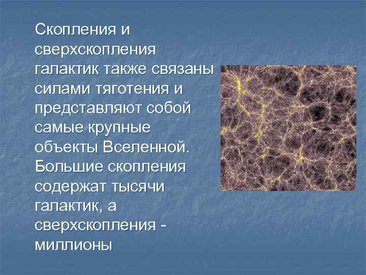 Скопления и сверхскопления галактик также связаны силами тяготения и представляют собой самые крупные объекты