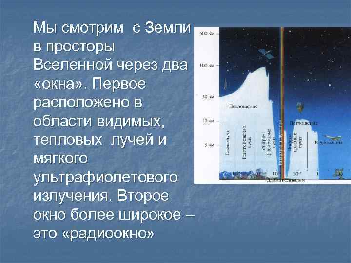 Мы смотрим с Земли в просторы Вселенной через два «окна» . Первое расположено в