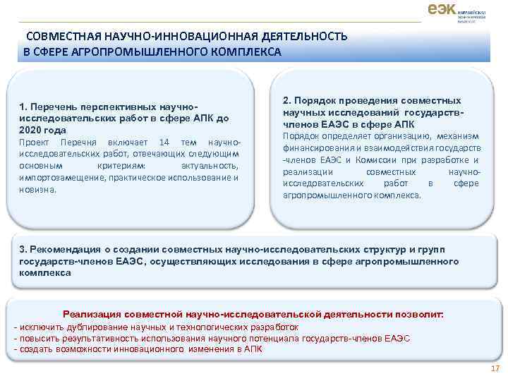 СОВМЕСТНАЯ НАУЧНО-ИННОВАЦИОННАЯ ДЕЯТЕЛЬНОСТЬ В СФЕРЕ АГРОПРОМЫШЛЕННОГО КОМПЛЕКСА 1. Перечень перспективных научноисследовательских работ в сфере