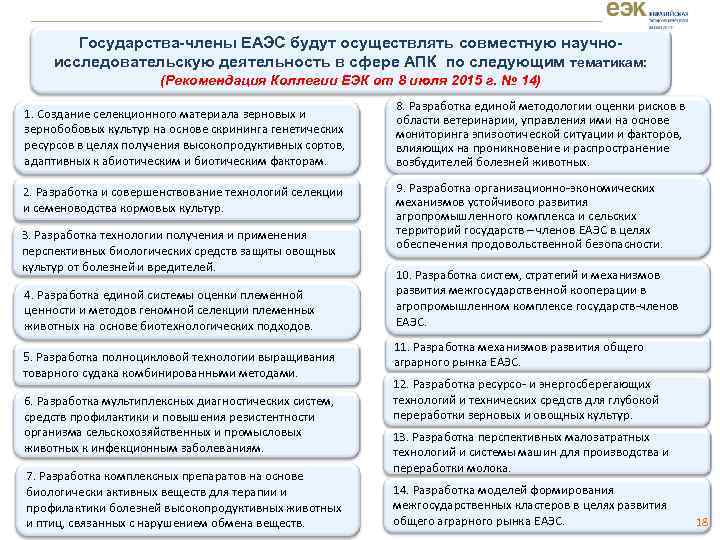 Государства-члены ЕАЭС будут осуществлять совместную научноисследовательскую деятельность в сфере АПК по следующим тематикам: (Рекомендация