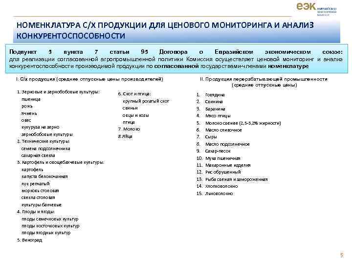 НОМЕНКЛАТУРА С/Х ПРОДУКЦИИ ДЛЯ ЦЕНОВОГО МОНИТОРИНГА И АНАЛИЗ КОНКУРЕНТОСПОСОБНОСТИ Подпункт 5 пункта 7 статьи