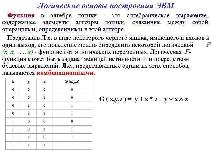 Логические основы построения ЭВМ Функция в алгебре логики - это алгебраическое выражение, содержащее элементы